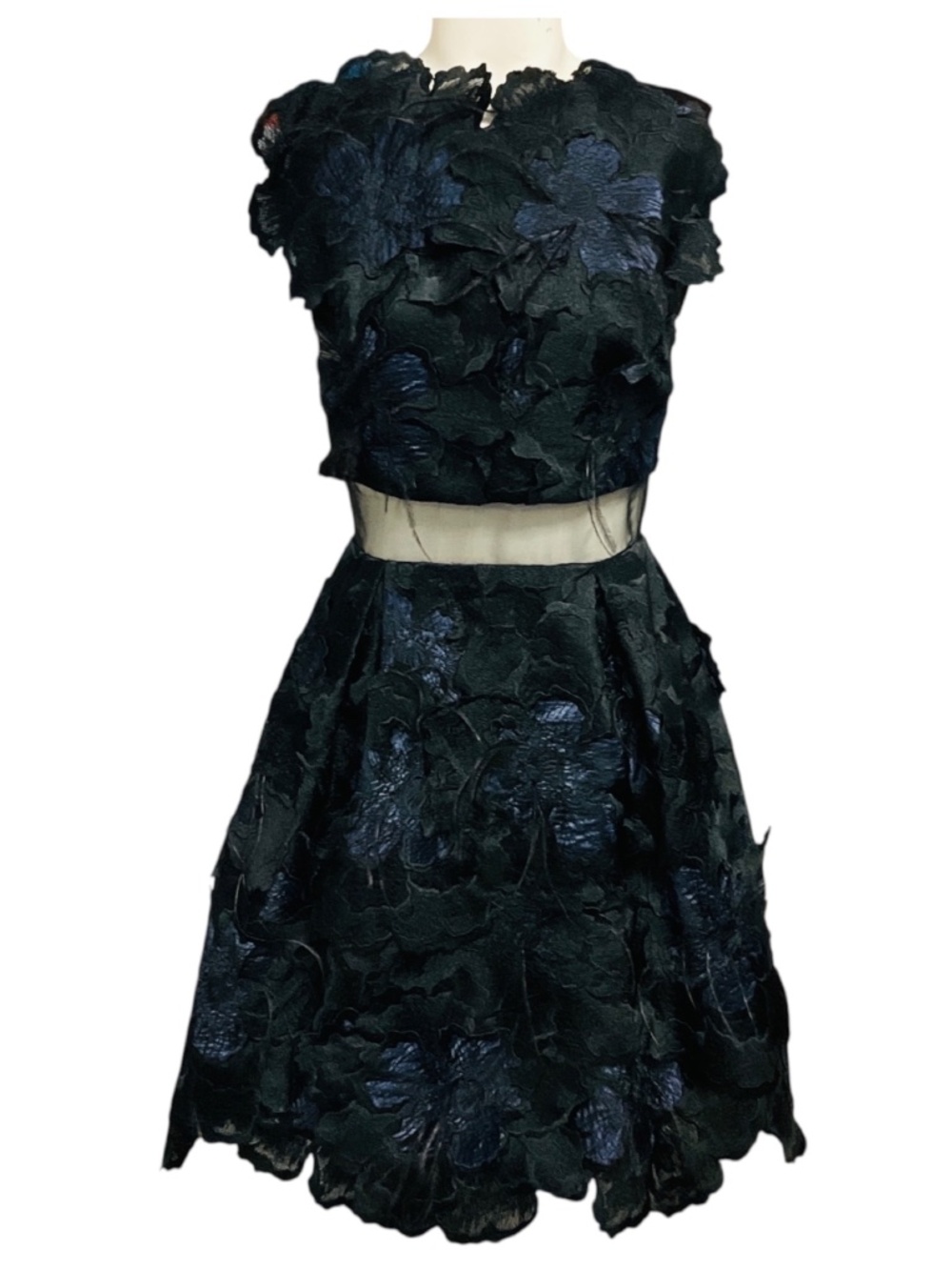 ERDEM NAVY BLUE / BLACK FEATHER EMBELLISHED FLORAL JACQUARD MINI COCKTAIL DRESS